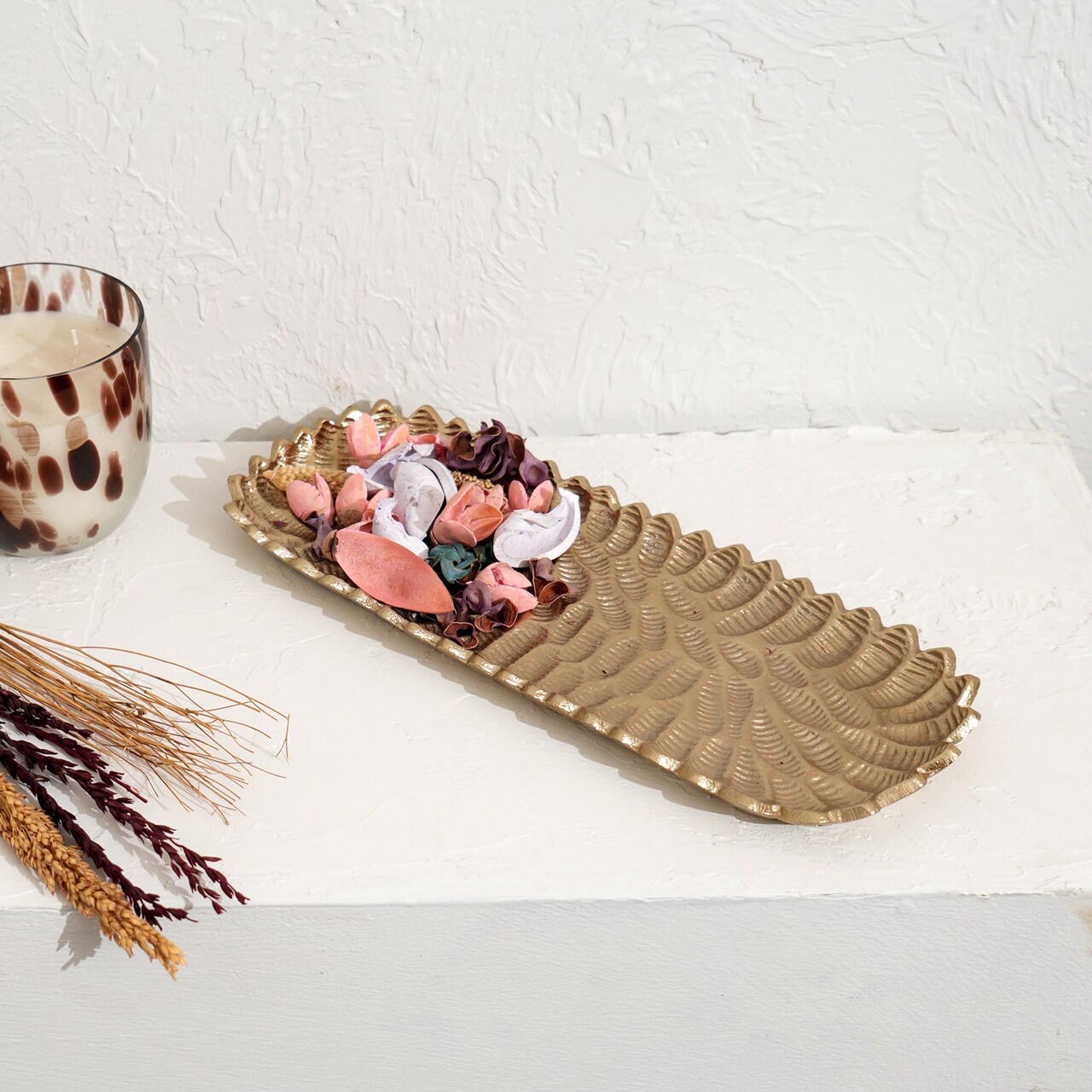 Textured Fern Pattern Gold Finished Aluminum Platter –13x5X1" Decorative Tray